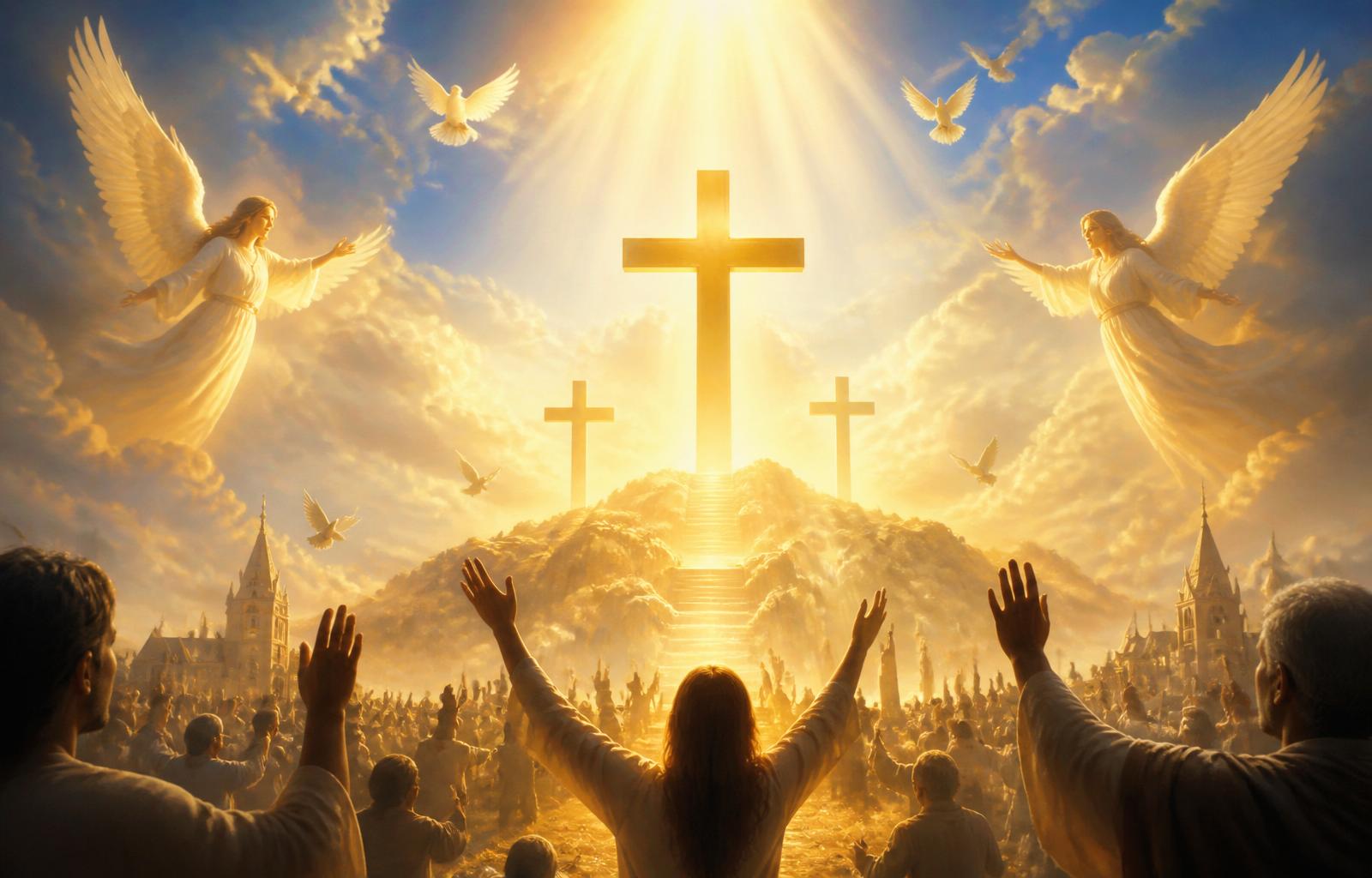 Kingdom Work — golden crosses, angels, praying hands and doves in divine light
